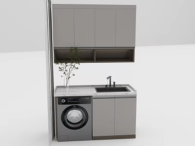 Modern Bathroom Cabinet With Wall Cabinet Shelf Green Plant Washing Machine And Sink 3d model
