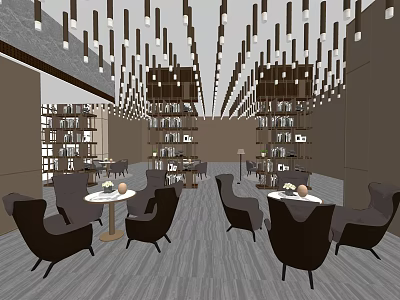 Hotel Public Lounge Area With Modern Design Hanging Lamps Bookshelves And Comfortable Armchairs 3d model