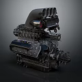 Highly Detailed Automotive Engine Components With Cylinders Exhaust Pipes And Metal Casing