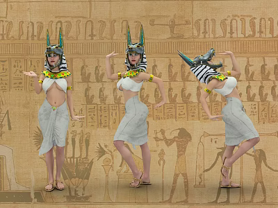 Women In Egyptian Style Costumes With Horned Headdresses Dancing By Ancient Mural 3d model
