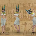 Women In Egyptian Style Costumes With Horned Headdresses Dancing By Ancient Mural