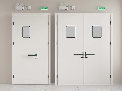 White Emergency Doors with Small Windows Black Handles and Green Exit Signs Above Light Walls 3d model