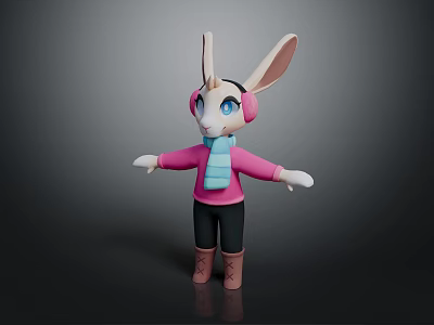 Cartoon Rabbit Game Character With Long Ears Blue Eyes Pink Scarf Pink Top Black Pants 3d model