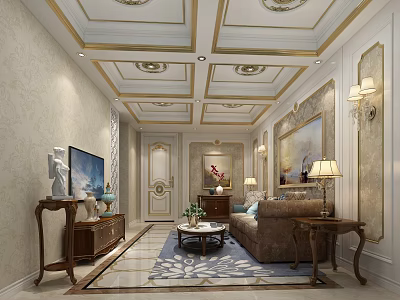 Elegant Office Interior with Ornate Gold Ceiling Light Patterned Walls and Brown Sofa 3d model