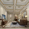 Elegant Office Interior with Ornate Gold Ceiling Light Patterned Walls and Brown Sofa