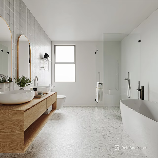 Modern Bathroom Interior Design With Wooden Vanity Glass Shower White Bathtub And Natural Light Window 3d model 