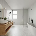 Modern Bathroom Interior Design With Wooden Vanity Glass Shower White Bathtub And Natural Light Window