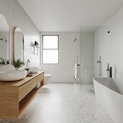 Modern Bathroom Interior Design With Wooden Vanity Glass Shower White Bathtub And Natural Light Window 3d model
