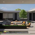 Modern Courtyard Garden With Outdoor Furniture Stone Patio Water Feature And Greenery