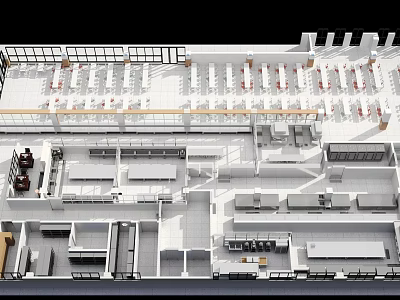Spacious Cafeteria Interior Layout With Organized Seating And Service Areas 3d model