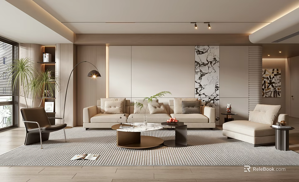 Modern Living Room Interior With Beige Sofa Floor Lamp Round Coffee Table And Decorative Painting 3d model 