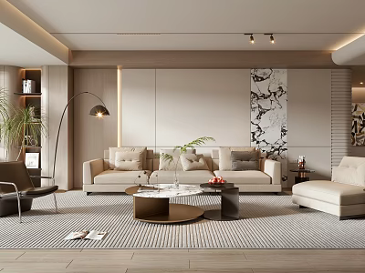 Modern Living Room Interior With Beige Sofa Floor Lamp Round Coffee Table And Decorative Painting 3d model