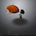 Curly Haired Little Girl Facing Big Orange Fish With Large Eyes On Dark Background