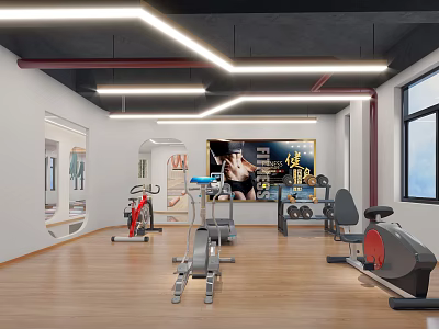 Modern Fitness Gym Space With Treadmill Exercise Bike Dumbbells Mirrors And Wooden Floor 3d model