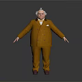 Man in Brown Double Breasted Suit with White Hair Standing Open Arms Against White Background