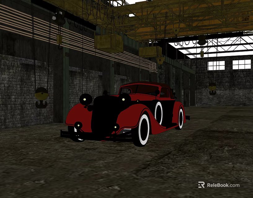 Red Vintage Classic Car Parked In Industrial Garage With Brick Walls And Cranes 3d model 