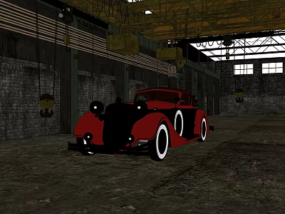 Red Vintage Classic Car Parked In Industrial Garage With Brick Walls And Cranes 3d model