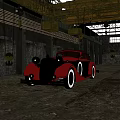 Red Vintage Classic Car Parked In Industrial Garage With Brick Walls And Cranes