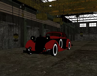 Red Vintage Classic Car Parked In Industrial Garage With Brick Walls And Cranes 3d model