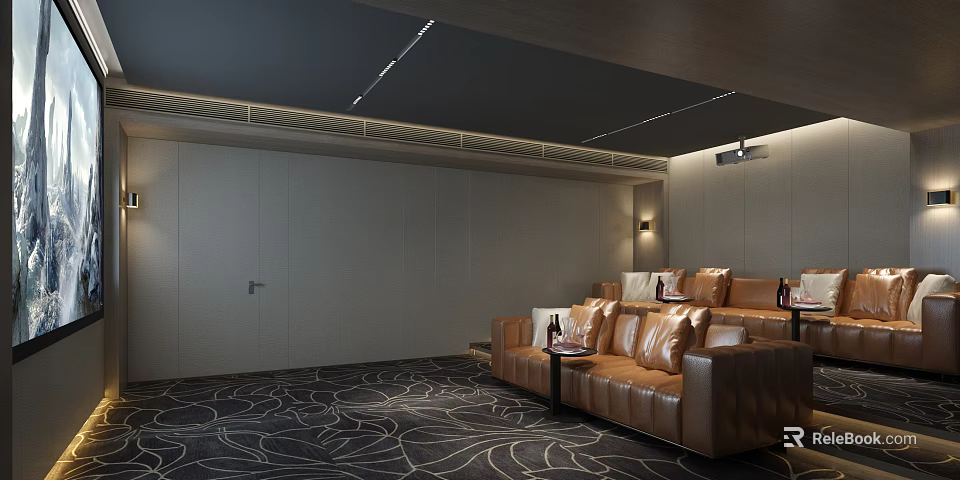 Modern Home Theater Room Interior With Leather Sofa Projector And Patterned Carpet Lighting 3d model