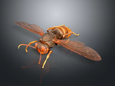 Detailed Close Up View Of Orange And Black Wasp With Transparent Wings On Dark Background 3d model