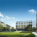 Contemporary Industrial Warehouse Featuring Glass Facade Plaza Area And Pedestrians Near Tall Buildings