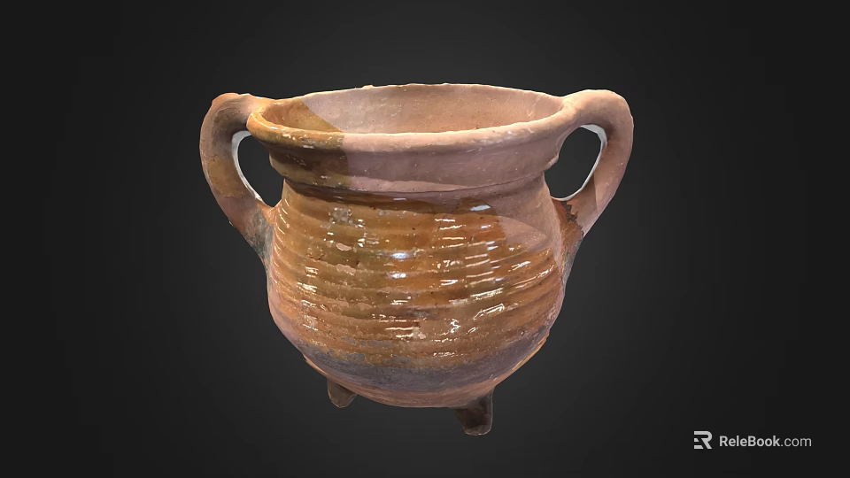 Traditional Ceramic Pot with Two Handles Striped Design and Three Legs in Brown Yellow Glaze 3d model 