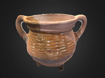 Traditional Ceramic Pot with Two Handles Striped Design and Three Legs in Brown Yellow Glaze 3d model