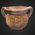 Traditional Ceramic Pot with Two Handles Striped Design and Three Legs in Brown Yellow Glaze