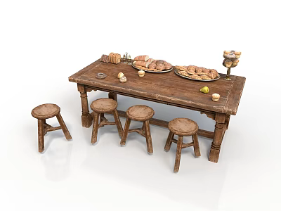 Rustic Wooden Dining Table With Four Matching Stools And Food 3d model