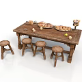 Rustic Wooden Dining Table With Four Matching Stools And Food 3d model