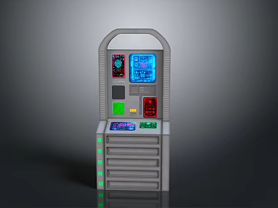 Grey Computer Control Console With Multiple Colorful Screens And Control Buttons And Drawers Below 3d model