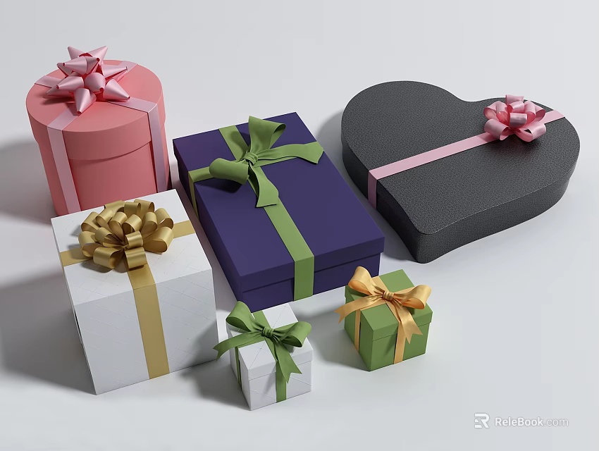 Colorful Decorative Gift Boxes In Various Shapes With Ribbons And Bows 3d model 