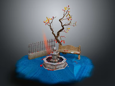 Garden Ornamental Scene With Small Fountain Wooden Bench And Tree With Yellow Red Leaves 3d model