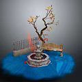 Garden Ornamental Scene With Small Fountain Wooden Bench And Tree With Yellow Red Leaves