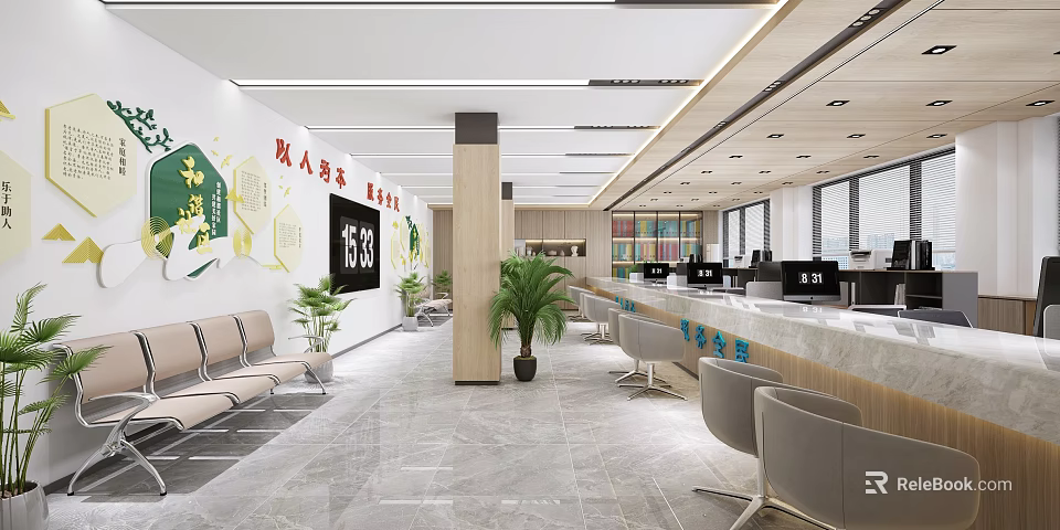 Modern Public Office Space With Open Layout Reception Area Sofas Green Plants And Large Windows 3d model