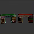 Two Wooden Desks With Green And Red Tops And Drawer Storage