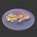 Roasted Chicken Leg with Golden Potato Chunks on Blue Plate with Herb Garnish