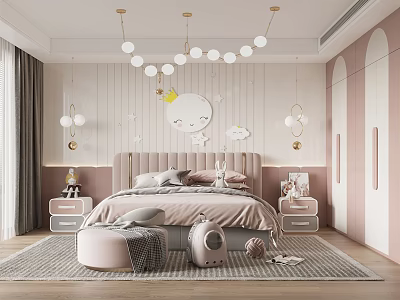 Soft Pink Kids Bedroom Interior With Upholstered Headboard Bedside Tables And Decorative Lights 3d model