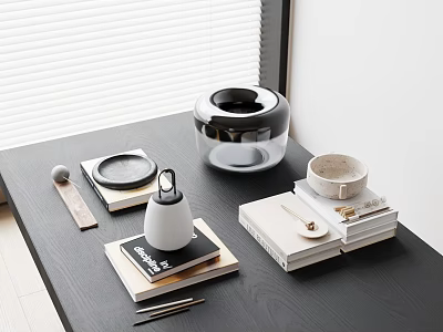 Modern Minimalist Tabletop Decorative Ornament Set With Ceramic Bottle Black Tray And Stacked Books 3d model