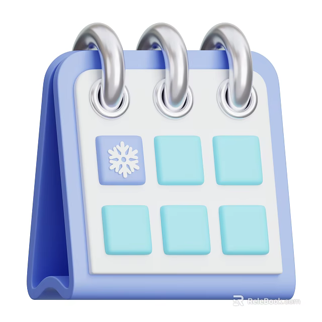 Decorative Ornament Set Featuring Blue Calendar With Silver Rings And Snowflake Icon 3d model 