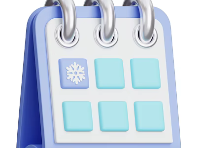 Decorative Ornament Set Featuring Blue Calendar With Silver Rings And Snowflake Icon 3d model