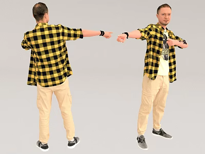Man In Yellow Black Checkered Shirt Khaki Pants Sneakers Gesturing Front Back Views 3d model