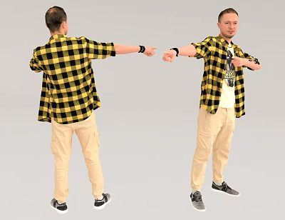 Man In Yellow Black Checkered Shirt Khaki Pants Sneakers Gesturing Front Back Views 3d model