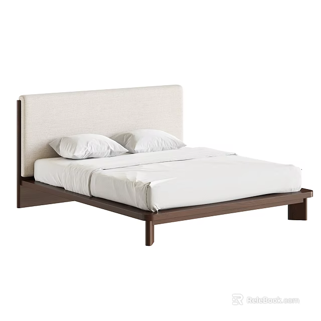 Modern Minimalist Double Bed With Beige Upholstered Headboard Wooden Frame And White Mattress 3d model 