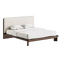 Modern Minimalist Double Bed With Beige Upholstered Headboard Wooden Frame And White Mattress