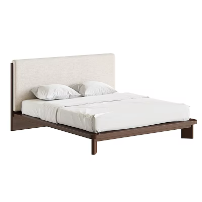 Modern Minimalist Double Bed With Beige Upholstered Headboard Wooden Frame And White Mattress 3d model