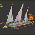 Ancient Wooden Ship With White Sails Red Flag And Detailed Hull Structure