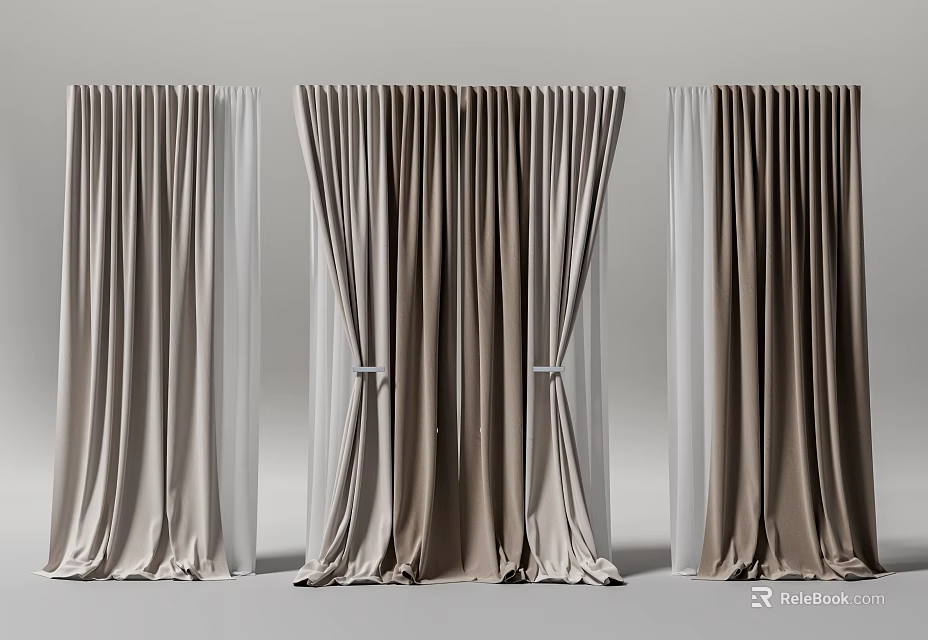 Elegant Neutral Toned Curtains with Draped Design and Soft Velvet Fabric 3d model 