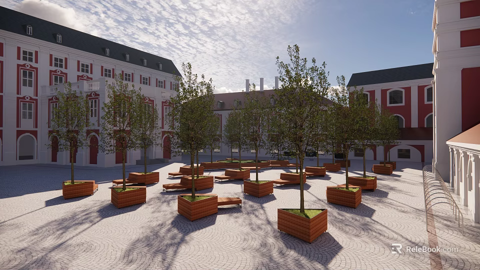 Campus Square Landscape Featuring Red Brick Buildings Wooden Planters Trees Benches and Paved Ground 3d model 